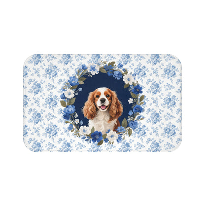 Blue Floral Cavalier Bath Mat – Cute Cavalier King Charles Spaniel Dog Bathroom Rug
