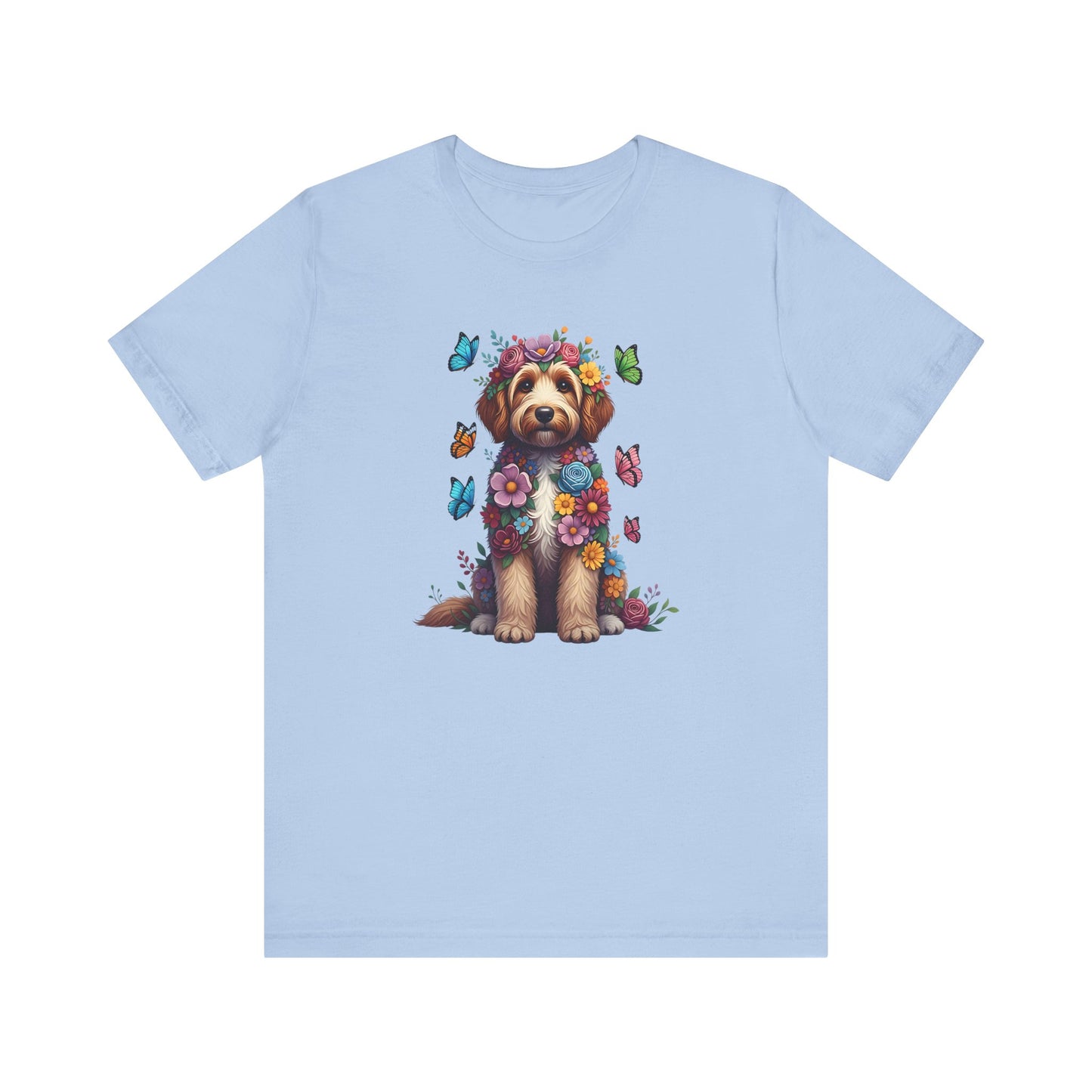 Whimsical Floral Goldendoodle Tee – Colorful Dog Lover Shirt with Butterflies