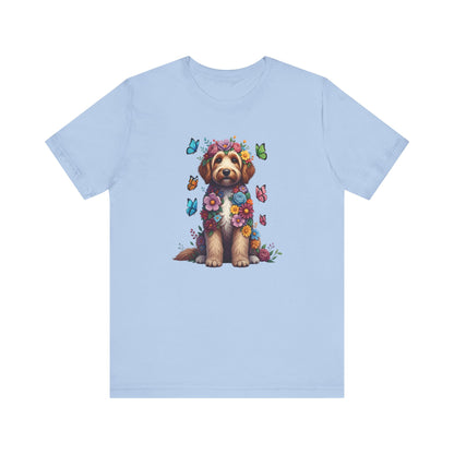 Whimsical Floral Goldendoodle Tee – Colorful Dog Lover Shirt with Butterflies
