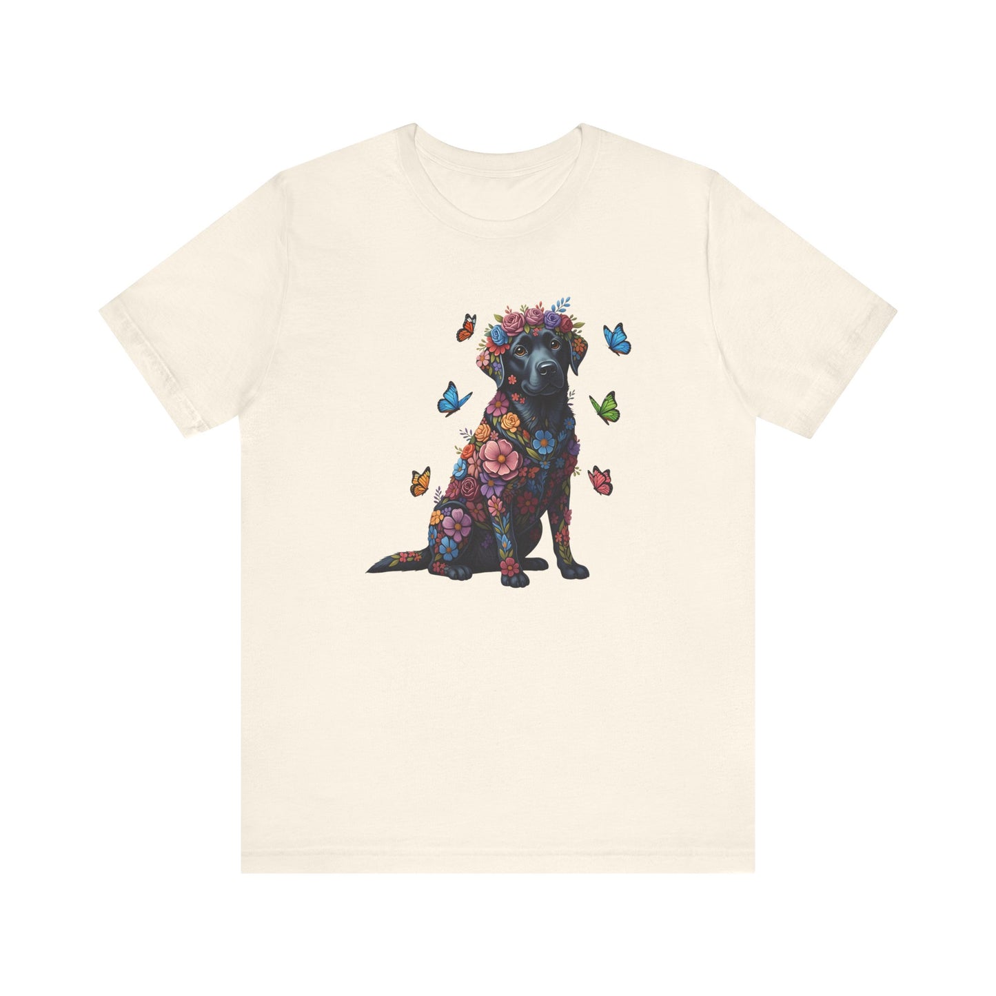 Whimsical Floral Black Labrador Retriever Tee – Colorful Dog Lover Shirt with Butterflies