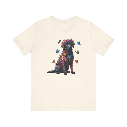 Whimsical Floral Black Labrador Retriever Tee – Colorful Dog Lover Shirt with Butterflies