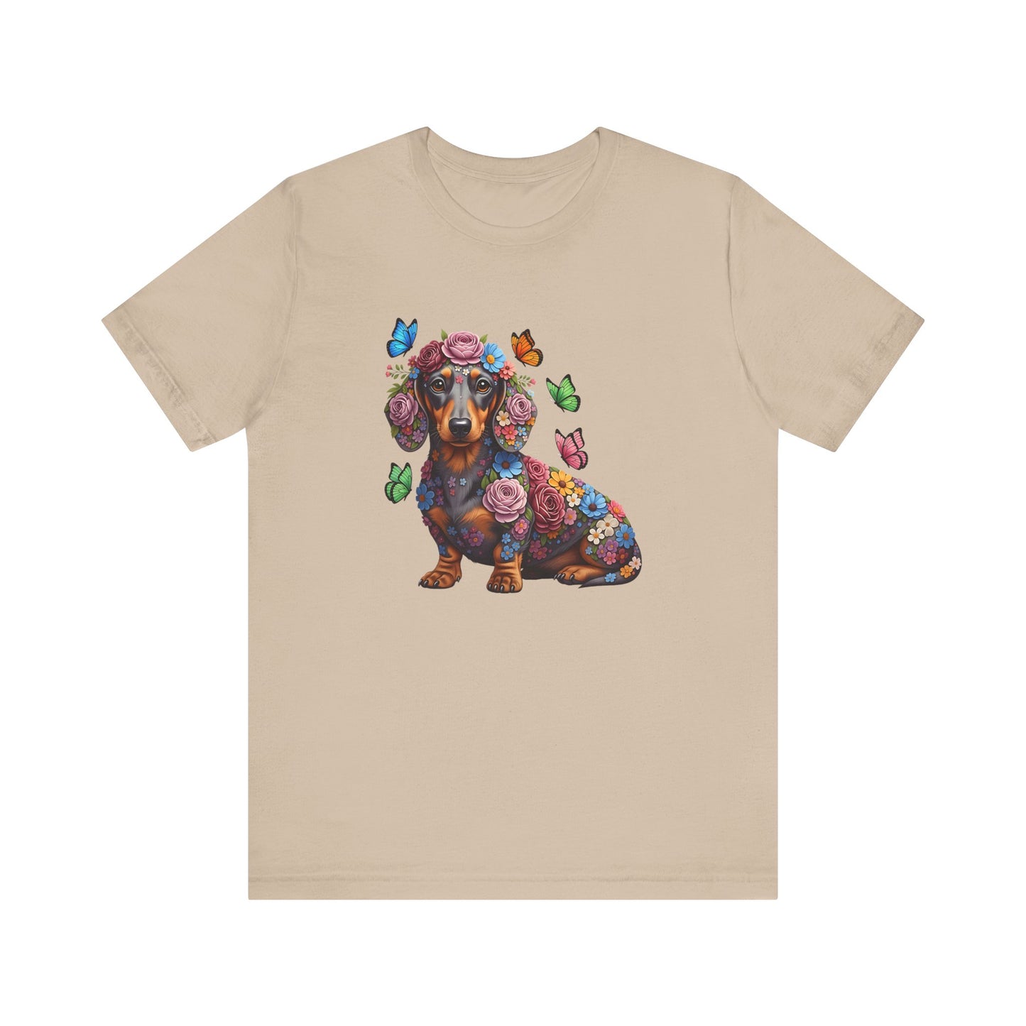 Whimsical Floral Dachshund Tee – Colorful Dog Lover Shirt with Butterflies
