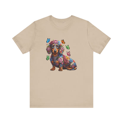 Whimsical Floral Dachshund Tee – Colorful Dog Lover Shirt with Butterflies