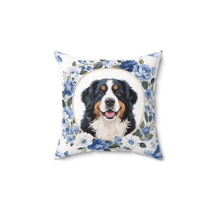 Bernese Mountain Dog Blue Floral Throw Pillow