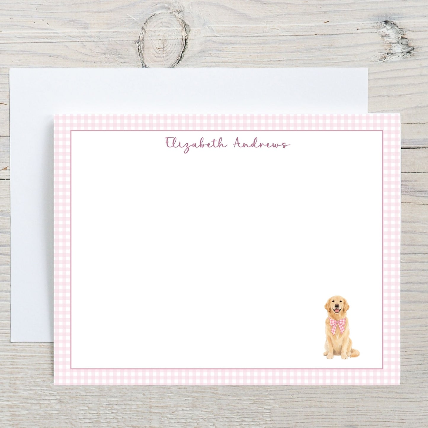 Golden Retriever Dog Pink Gingham Personalized Notecard Set