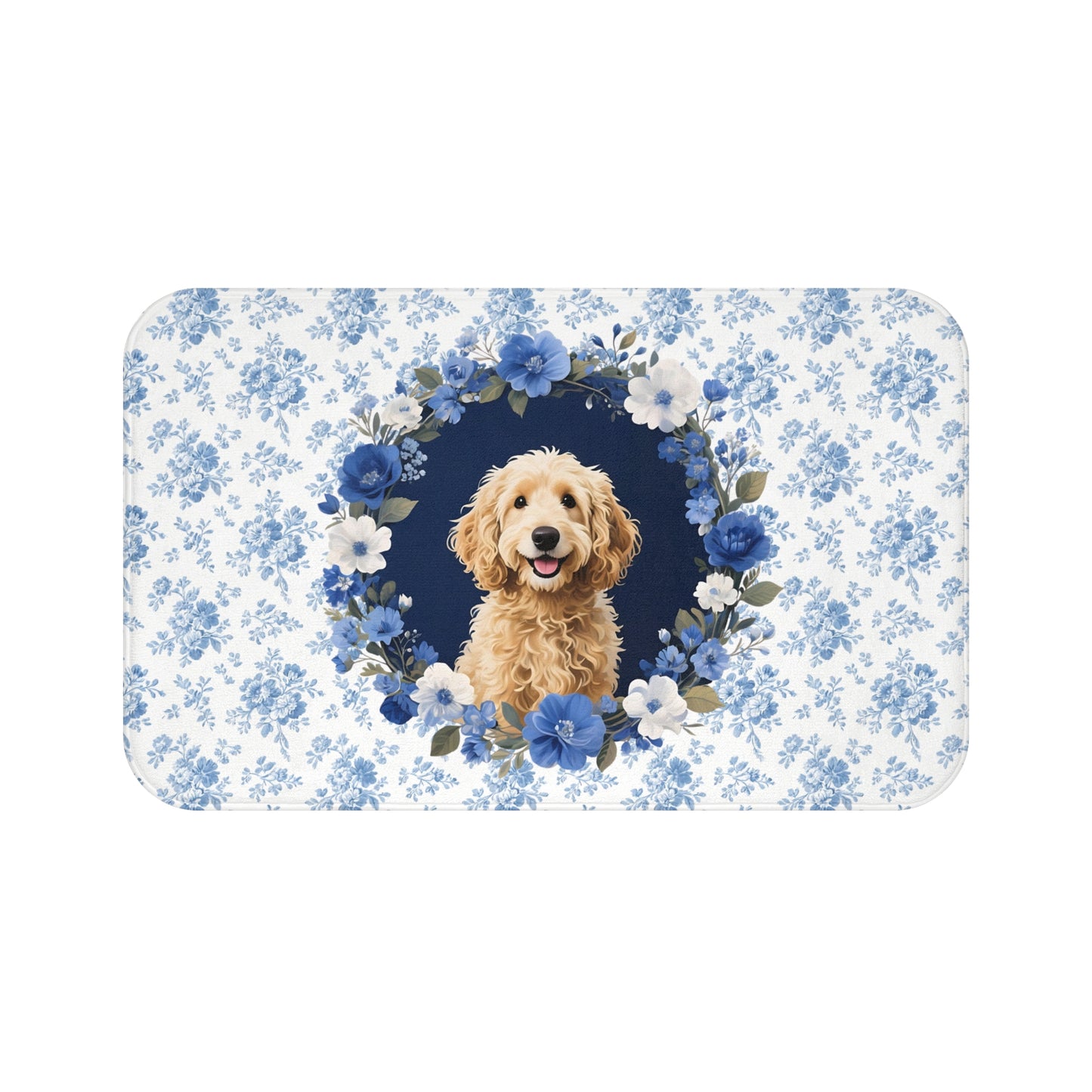 Blue Floral Doodle Bath Mat – Cute Goldendoodle Dog Bathroom Rug