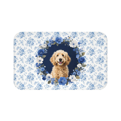 Blue Floral Doodle Bath Mat – Cute Goldendoodle Dog Bathroom Rug