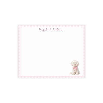 Maltese Dog Pink Gingham Personalized Notecard Set