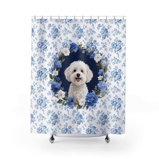 Maltese Dog Blue Floral Shower Curtain – Dog Portrait Bath Decor