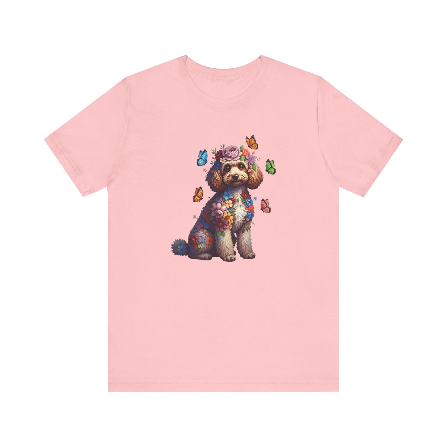 Whimsical Floral Poodle Tee – Colorful Dog Lover Shirt with Butterflies