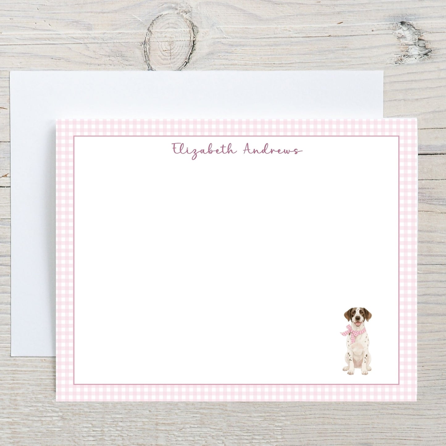 German Shorthaired Pointer Dog Pink Gingham Personalized Notecard Set