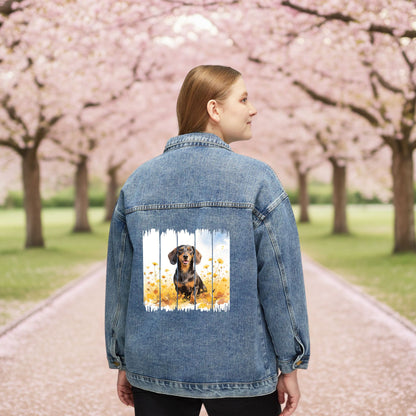 Trendy Dachshund Women's Denim Jacket, Dog Demin Jacket, Gift for Doxie Dog Mom, Gift for Dog Lovers, Fall Dog Style