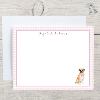 Boxer Dog Pink Gingham Personalized Notecard Set