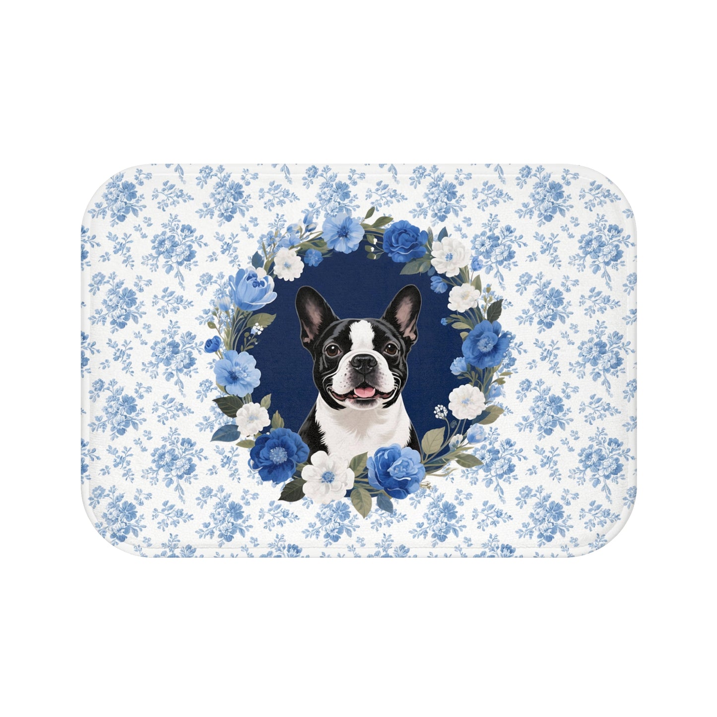 Blue Floral Bostie Bath Mat – Cute Boston Terrier Dog Bathroom Rug