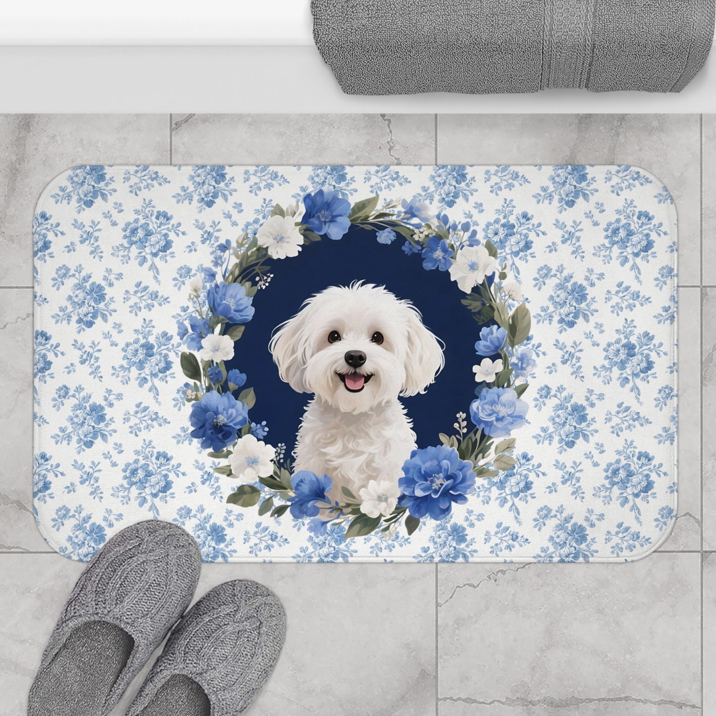 Blue Floral Maltese Bath Mat – Cute Maltese Dog Bathroom Rug