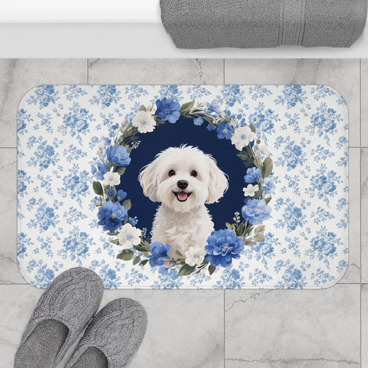 Blue Floral Maltese Bath Mat – Cute Maltese Dog Bathroom Rug