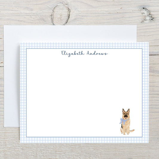 German Shepherd Dog Blue Gingham Personalized Notecard Set