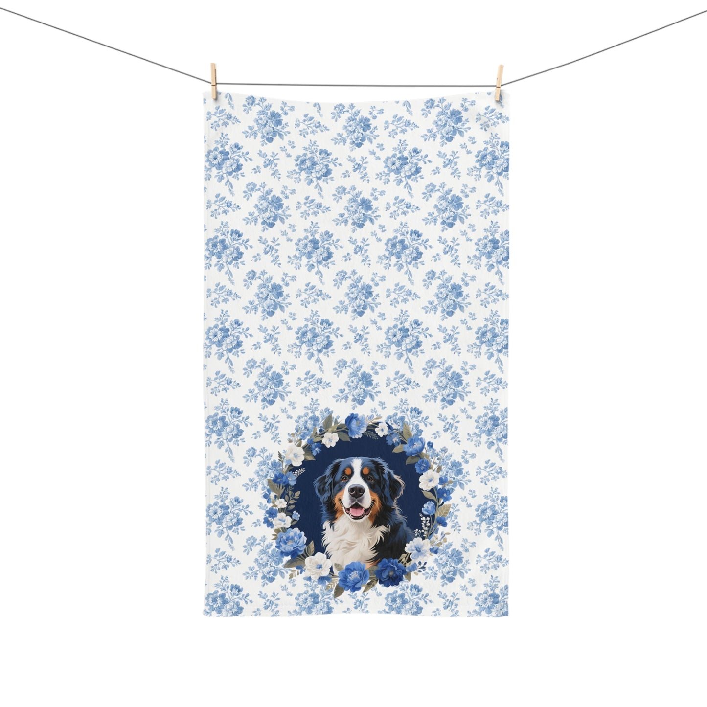 Blue Floral Bernese Mountain Dog Portrait Hand Towel – Cute Pet Bathroom Accessory