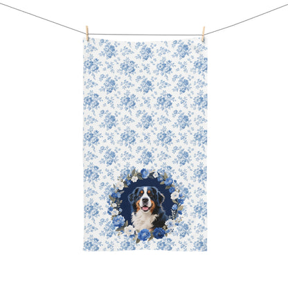Blue Floral Bernese Mountain Dog Portrait Hand Towel – Cute Pet Bathroom Accessory