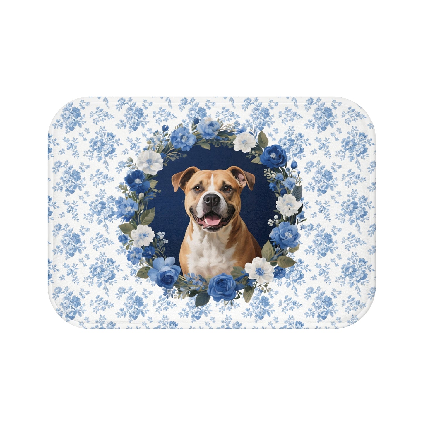 Blue Floral Pitbull Bath Mat – Cute Pitbull Dog Bathroom Rug
