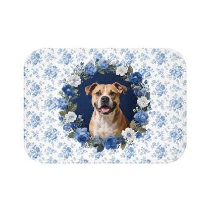 Blue Floral Pitbull Bath Mat – Cute Pitbull Dog Bathroom Rug