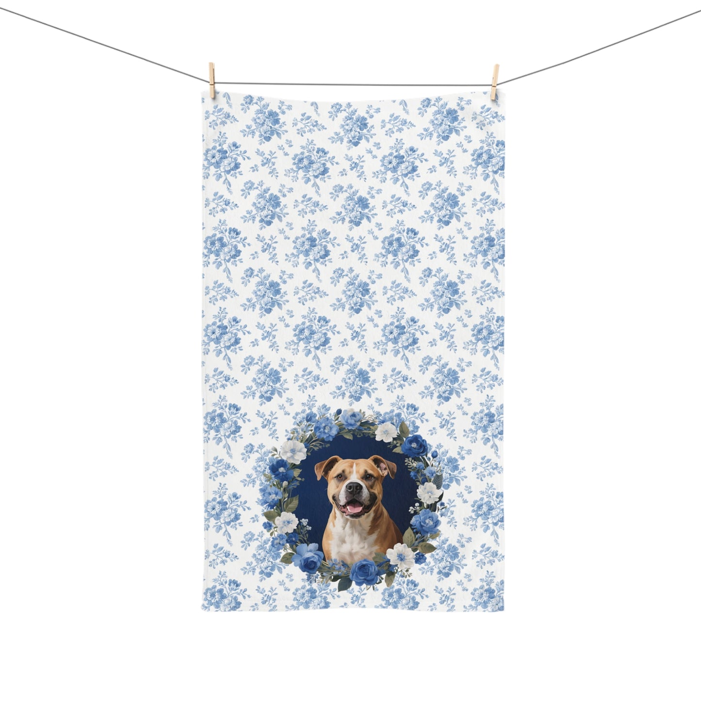 Blue Floral Pitbull Dog Portrait Hand Towel – Cute Pet Bathroom Accessory