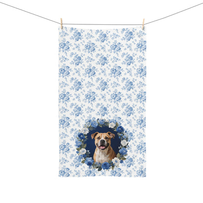 Blue Floral Pitbull Dog Portrait Hand Towel – Cute Pet Bathroom Accessory