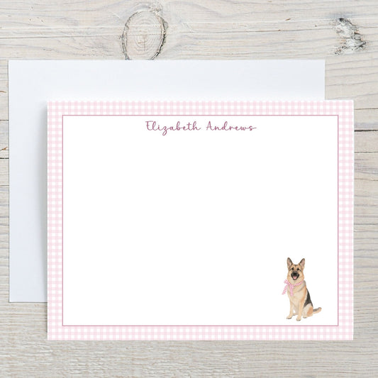 German Shepherd Dog Pink Gingham Personalized Notecard Set