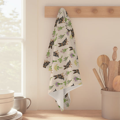 Australian Cattle Dog & Herbs Tea Towel - Floral Dog Kitchen Towel
