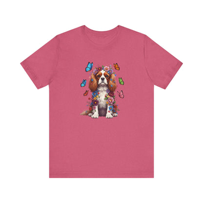Whimsical Floral Cavalier King Charles Spaniel Tee – Colorful Dog Lover Shirt with Butterflies