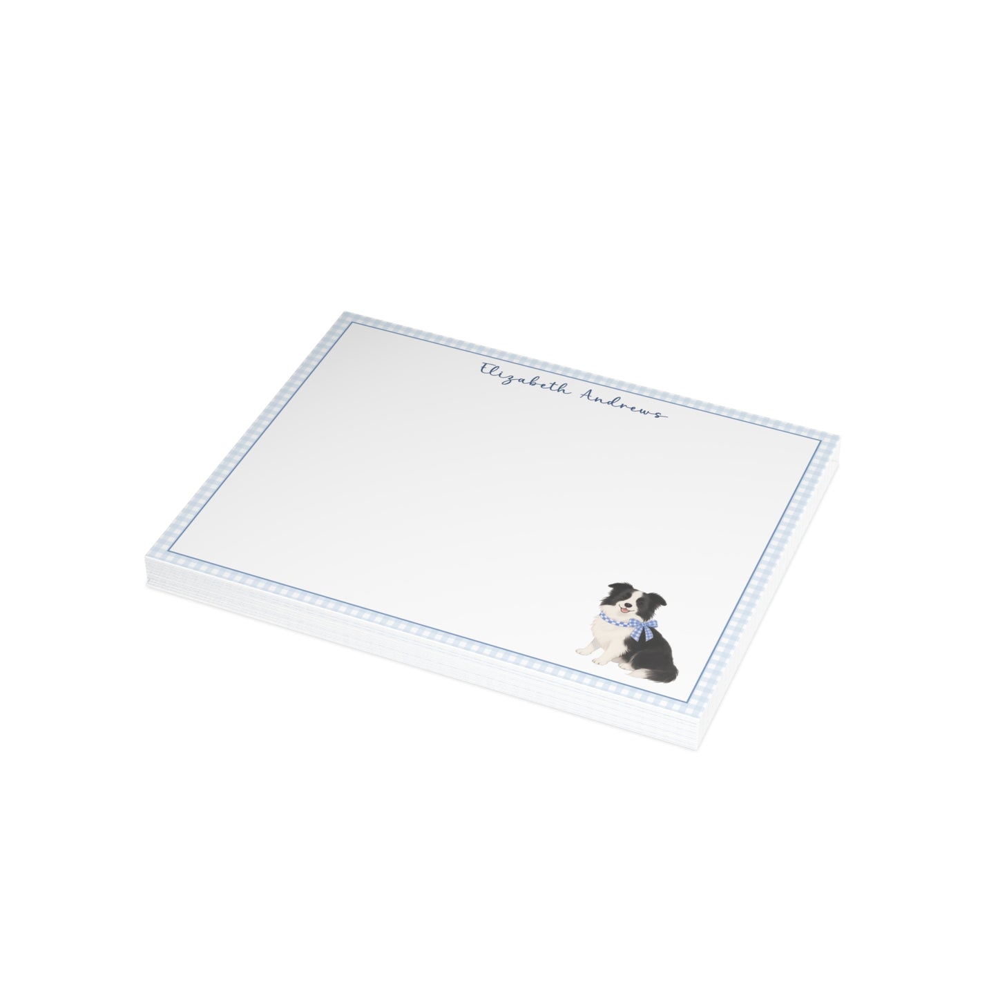 Border Collie Dog Blue Gingham Personalized Notecard Set