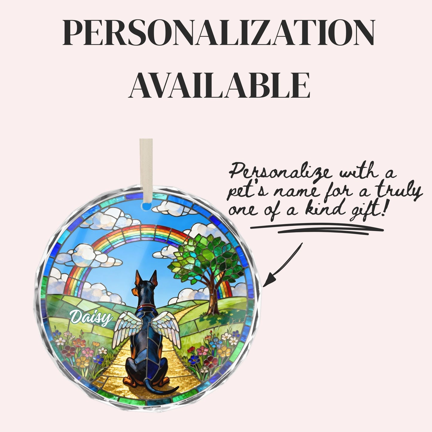 Doberman Pinscher Rainbow Bridge Stained Glass Ornament
