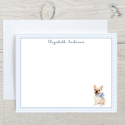 French Bulldog Blue Gingham Personalized Notecard Set