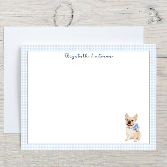 French Bulldog Blue Gingham Personalized Notecard Set