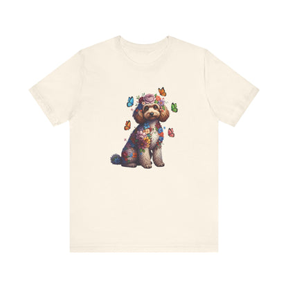 Whimsical Floral Poodle Tee – Colorful Dog Lover Shirt with Butterflies