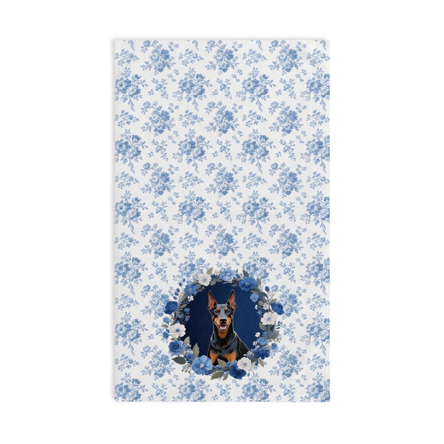 Blue Floral Doberman Pinscher Dog Portrait Hand Towel – Cute Pet Bathroom Accessory
