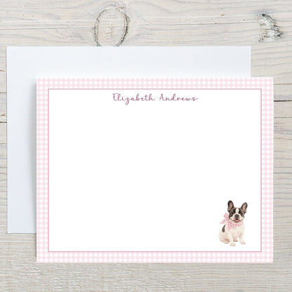 French Bulldog Pink Gingham Personalized Notecard Set
