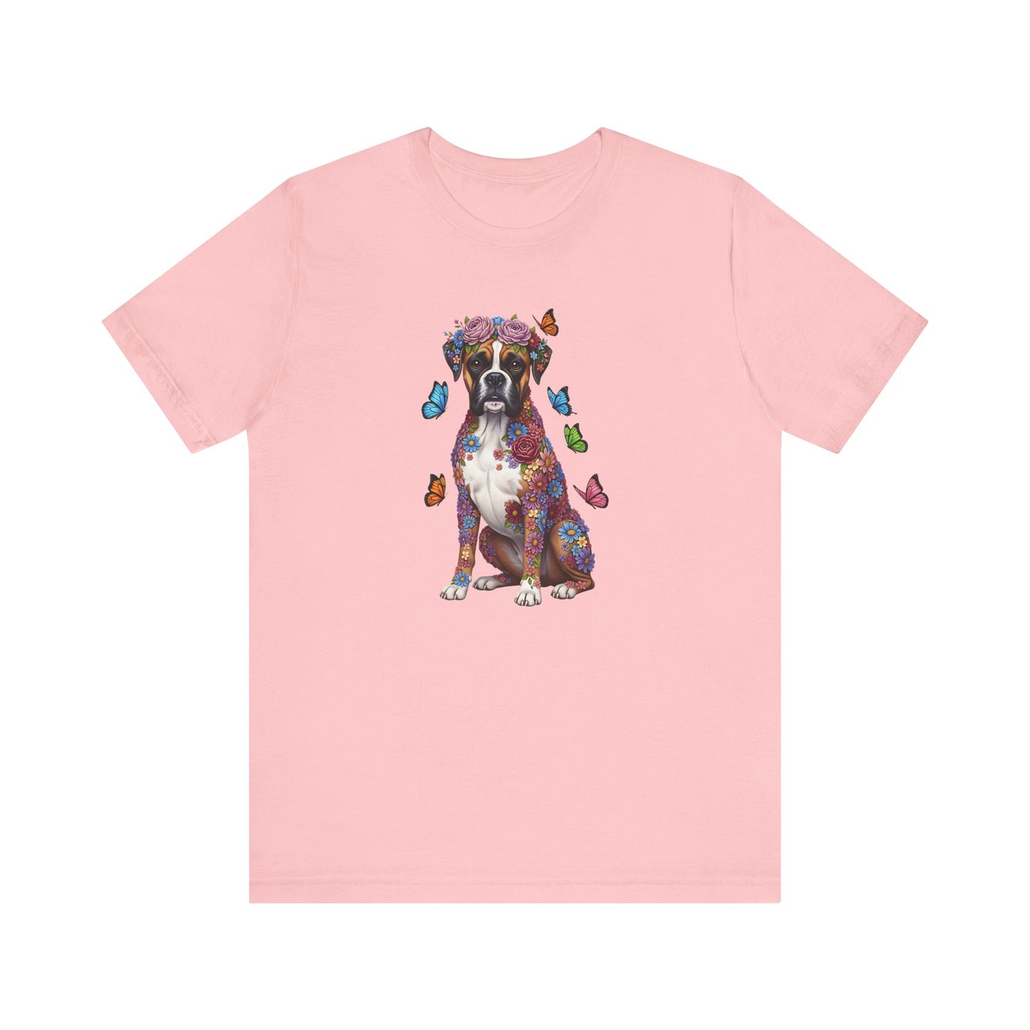 Whimsical Floral Boxer Tee – Colorful Dog Lover Shirt with Butterflies