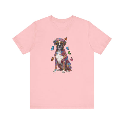 Whimsical Floral Boxer Tee – Colorful Dog Lover Shirt with Butterflies