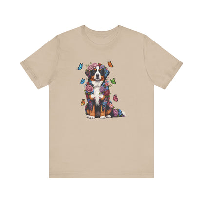 Whimsical Floral Bernese Mountain Dog Tee – Colorful Dog Lover Shirt with Butterflies