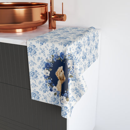 Blue Floral Goldendoodle Dog Portrait Hand Towel – Cute Pet Bathroom Accessory