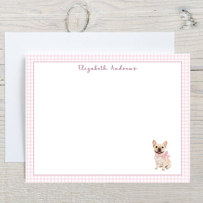 French Bulldog Pink Gingham Personalized Notecard Set