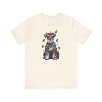 Whimsical Floral Schnauzer Tee – Colorful Dog Lover Shirt with Butterflies