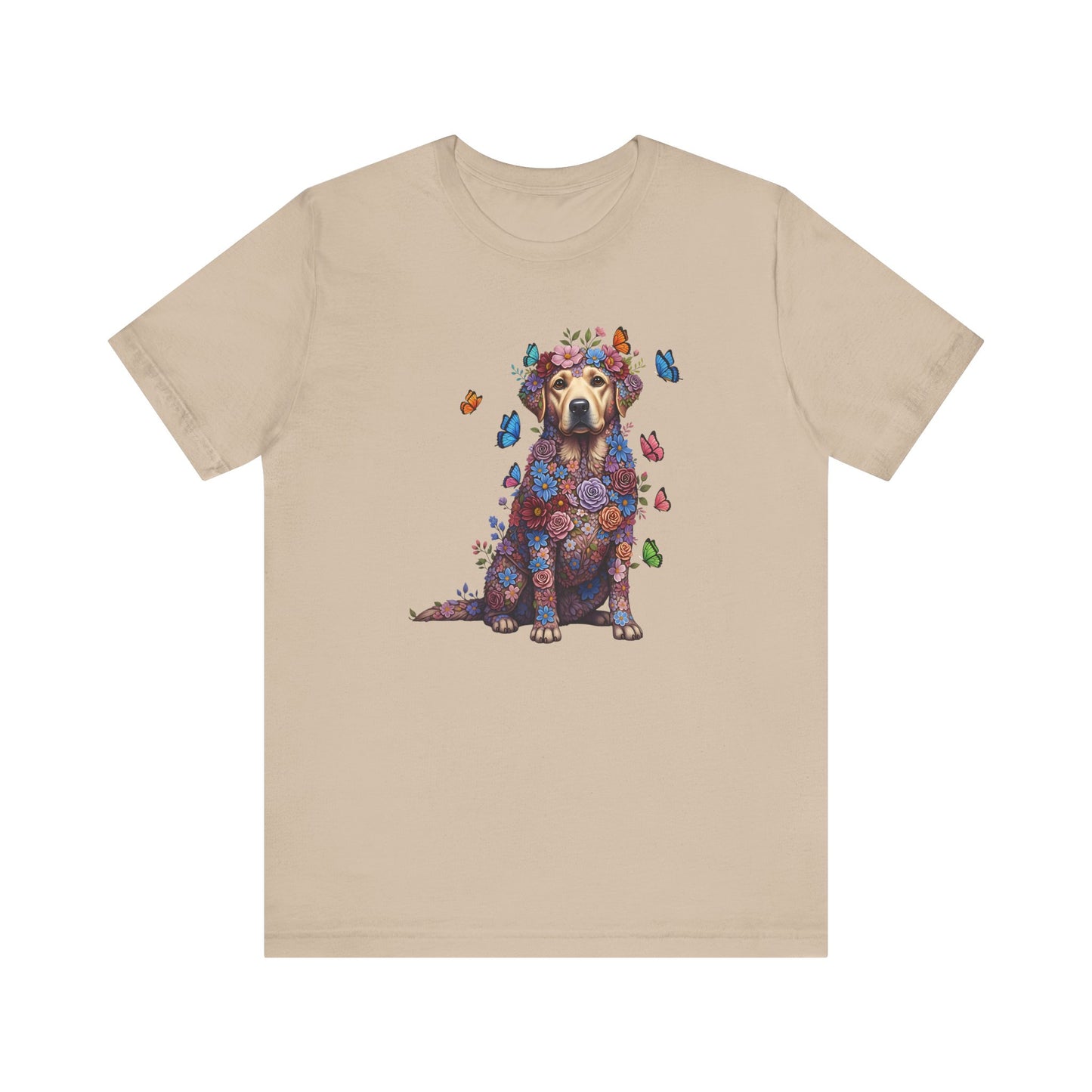 Whimsical Floral Labrador Retriever Tee – Colorful Dog Lover Shirt with Butterflies