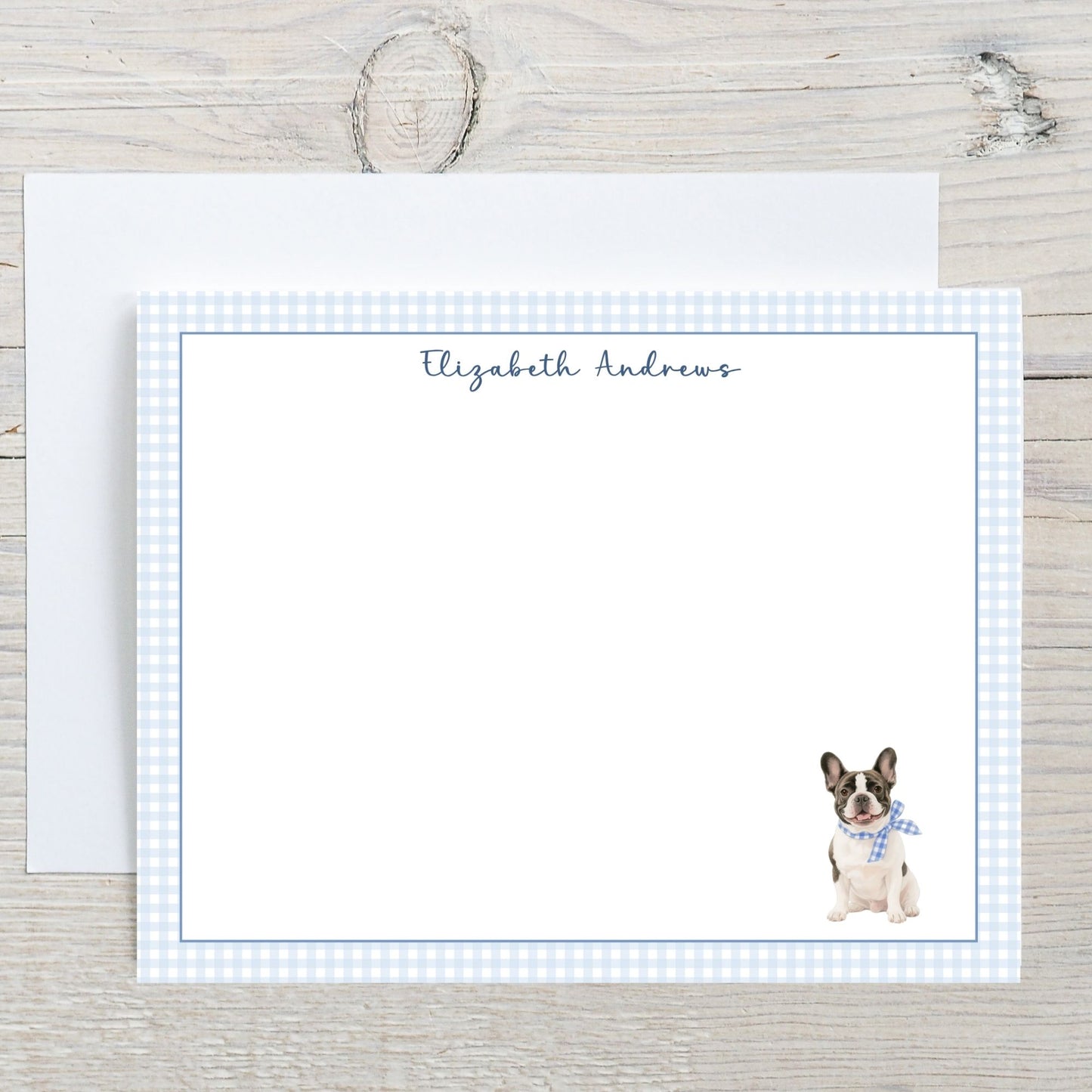 French Bulldog Blue Gingham Personalized Notecard Set