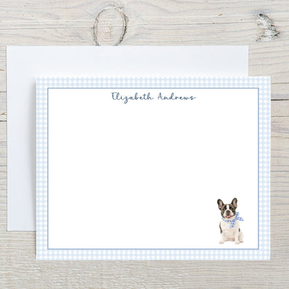 French Bulldog Blue Gingham Personalized Notecard Set