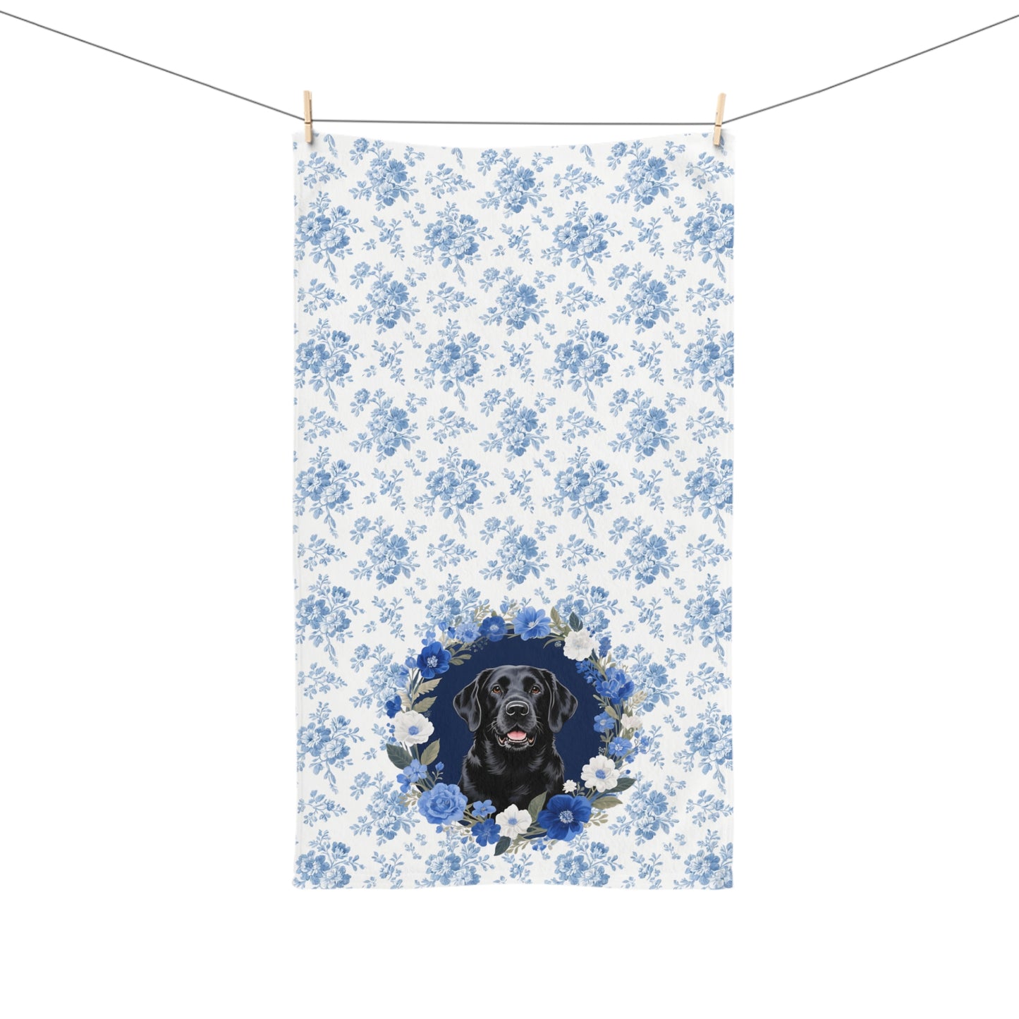 Blue Floral Black Labrador Retriever Dog Portrait Hand Towel – Cute Pet Bathroom Accessory