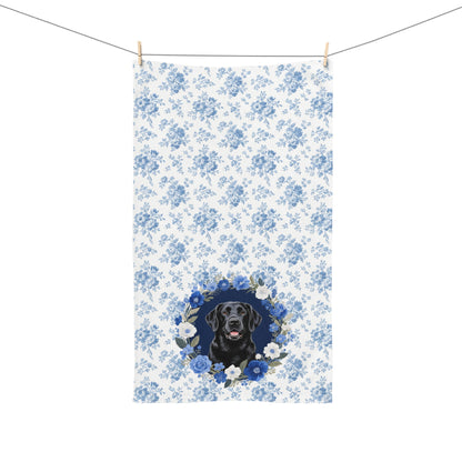 Blue Floral Black Labrador Retriever Dog Portrait Hand Towel – Cute Pet Bathroom Accessory