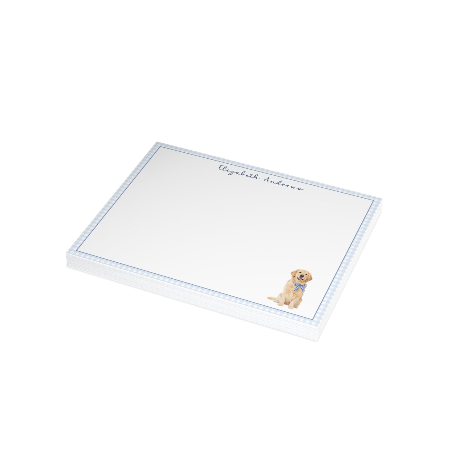 Golden Retriever Dog Blue Gingham Personalized Notecard Set