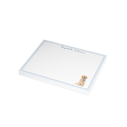 Golden Retriever Dog Blue Gingham Personalized Notecard Set